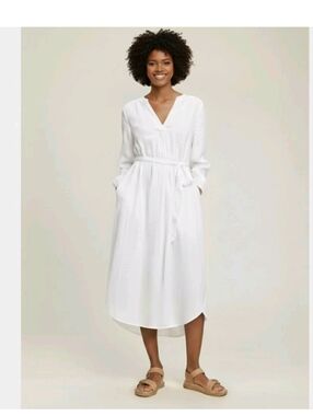 Gap Dress Medium Midi Gauze Crinkle Tie Waist Cotton Long Sleeve Belted V-Neck